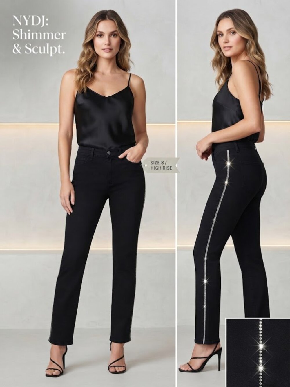 NYDJ Not Your Daughter's Jeans Black Rhinestone Side Stripe High Rise Size 8